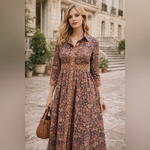 Oliphant Tuckernuck Matera Navy Block Print Cotton Floral Maxi Dress Small